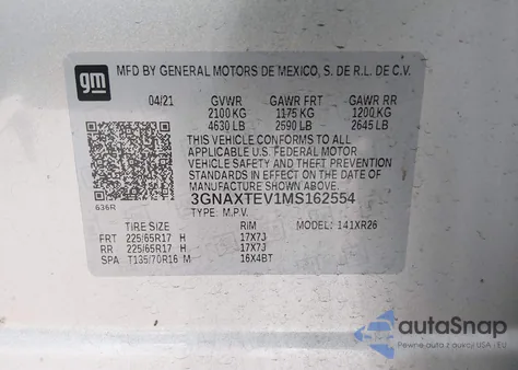 2021 Chevrolet Equinox Awd 2Fl из США, поврежденный, VIN 3GNAXTEV1MS162554